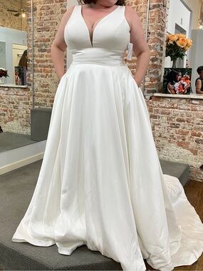 Stella York White Plunging V-Neck A-Line Satin Wedding Dress
